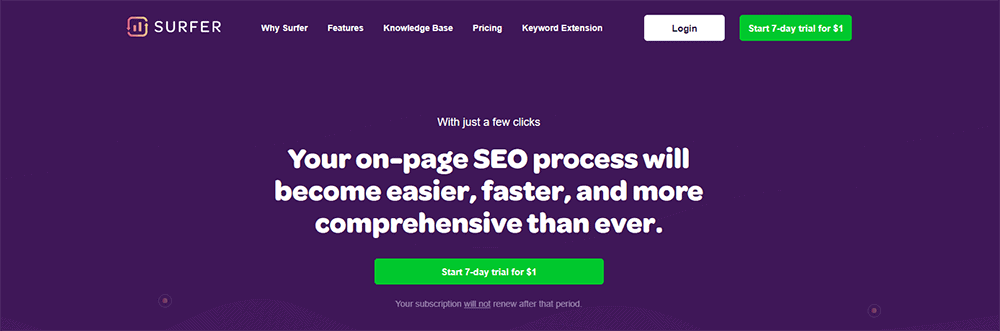 Screenshot of SurferSEO's webpage